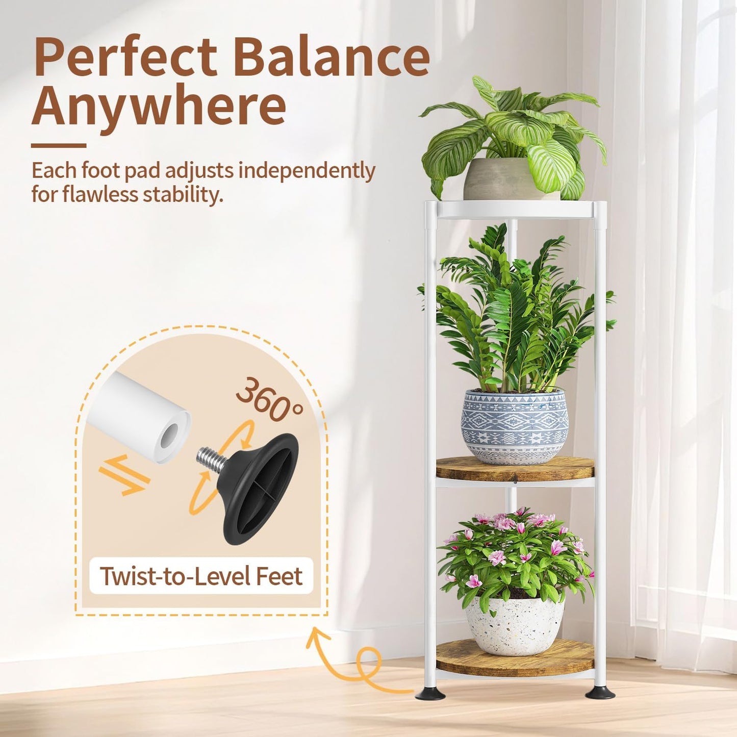 LASZOLA 3 Tier White Plant Stand Indoor for Large Tall Heavy Duty Flower Planter, Metal Vertical Multi Level Rack for Narrow Floor Corner, Sturdy Round Holder Organizer, Modern, Mid Century, Farmhouse