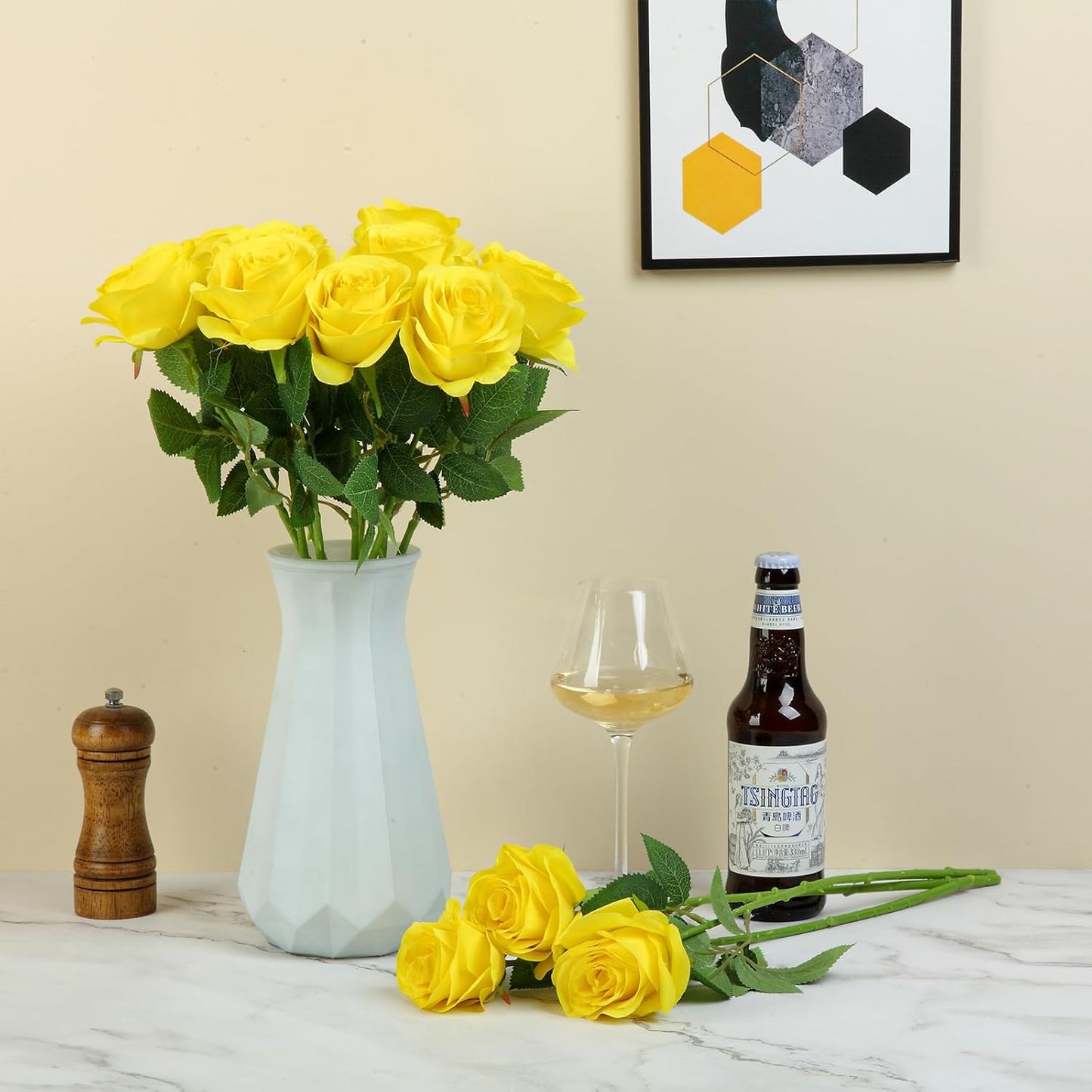 12pcs Yellow Roses Artificial Flowers Fake Roses Silk Flowers Roses with Long Stems for Wedding Home Party Centerpieces Decorations