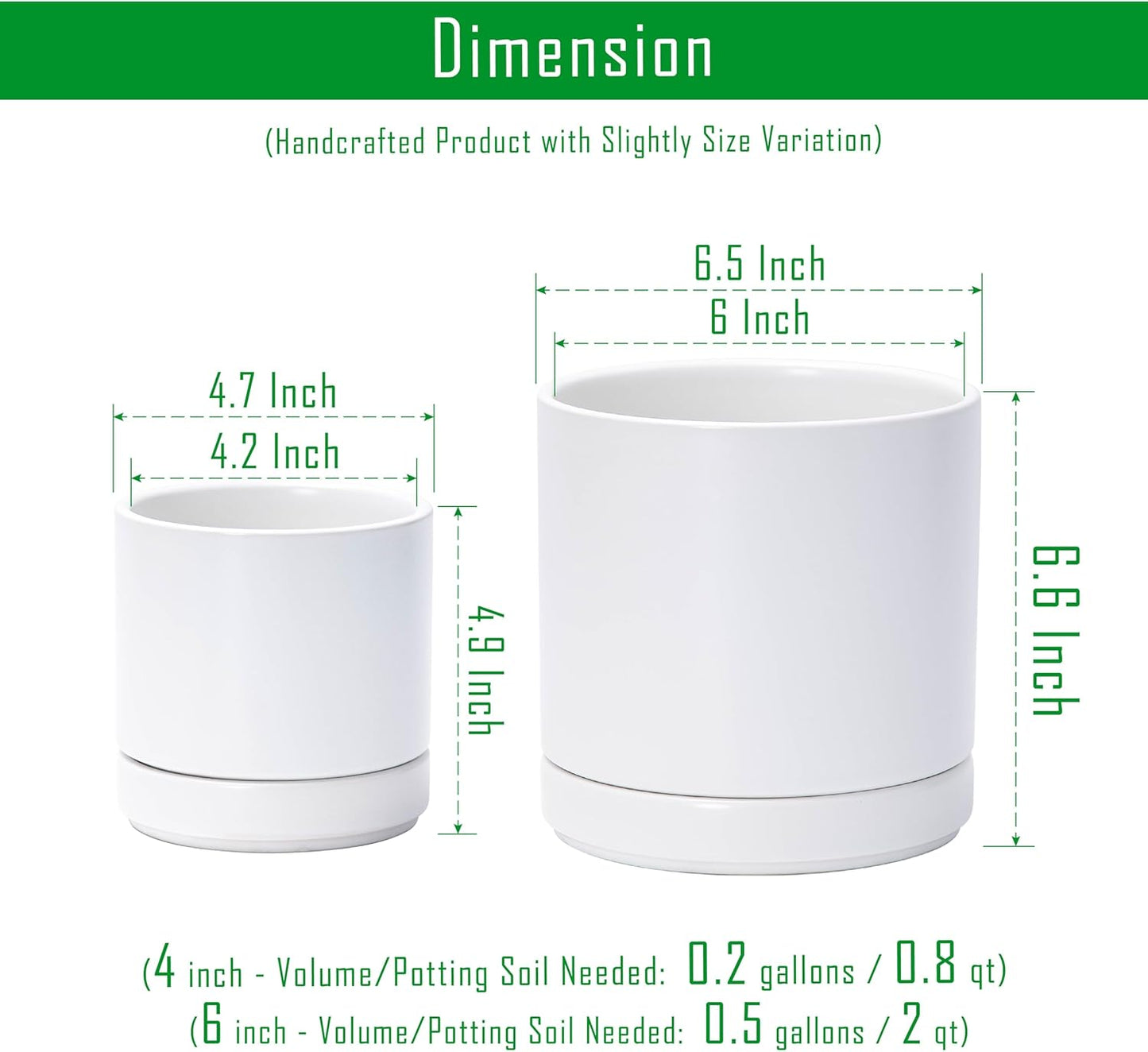 D'vine Dev 4.7 Inch & 6 Inch Ceramic Planter Pots for Plants with Drainage Hole and Saucer, Small Plant Pots Set, White, 94-G-S-1