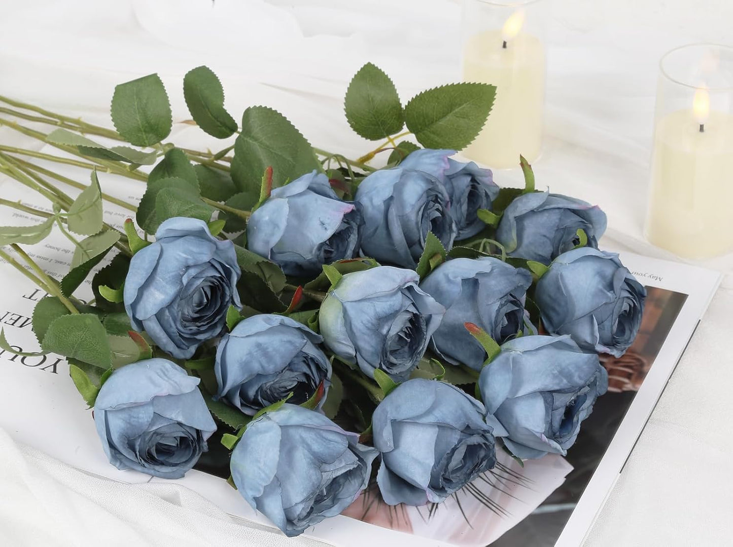 12 pcs Dusty Blue Roses Artificial Flowers Vintage Burnt Edge Rose 20" Realistic Silk Roses Bouquet with Long Stem for Wedding Party Floral Centerpieces Decoration (Dusty Blue)