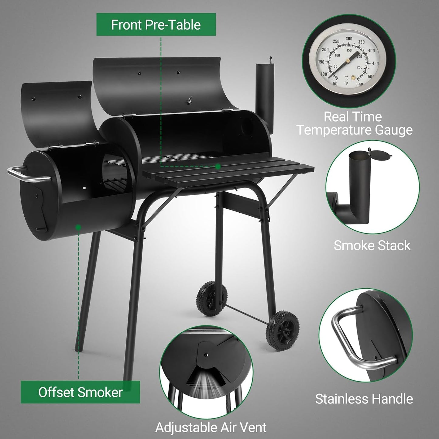 Outvita Outdoor BBQ Charcoal Grill, Portable Camping Grill for 6-10 People with Offset Smoker & Wheels for Patio Backyard Picnic
