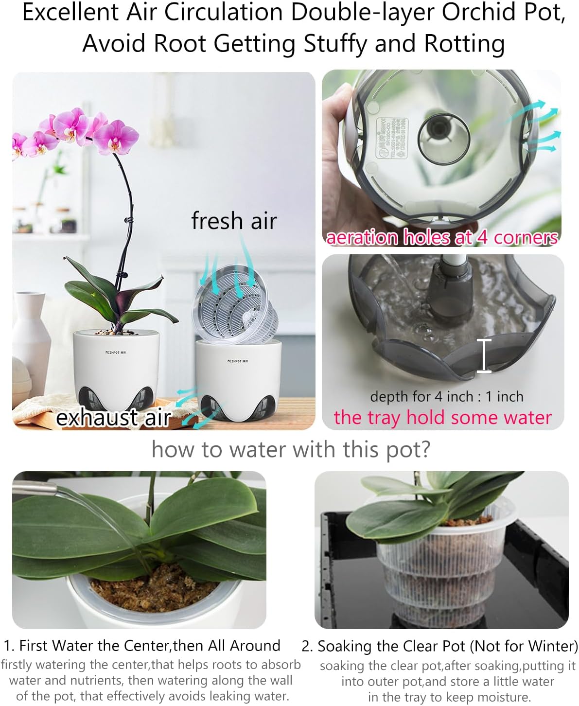 4 inch Orchid Pot with Holes for Repotting, Double Layer Plastic Imitate Ceramic Planter, Clear Orchid Pot Match Decorative Container