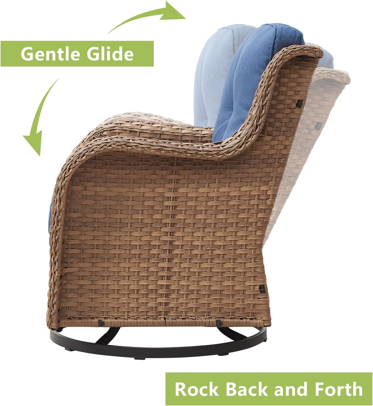 Outdoor Patio Swivel Rocker Chairs - Wicker Rattan Patio Swivel Rocking Chairs Set of 2 with High Back,Deep Seating and Comfort Cushions for Deck Porch Garden,Yellow/Blue