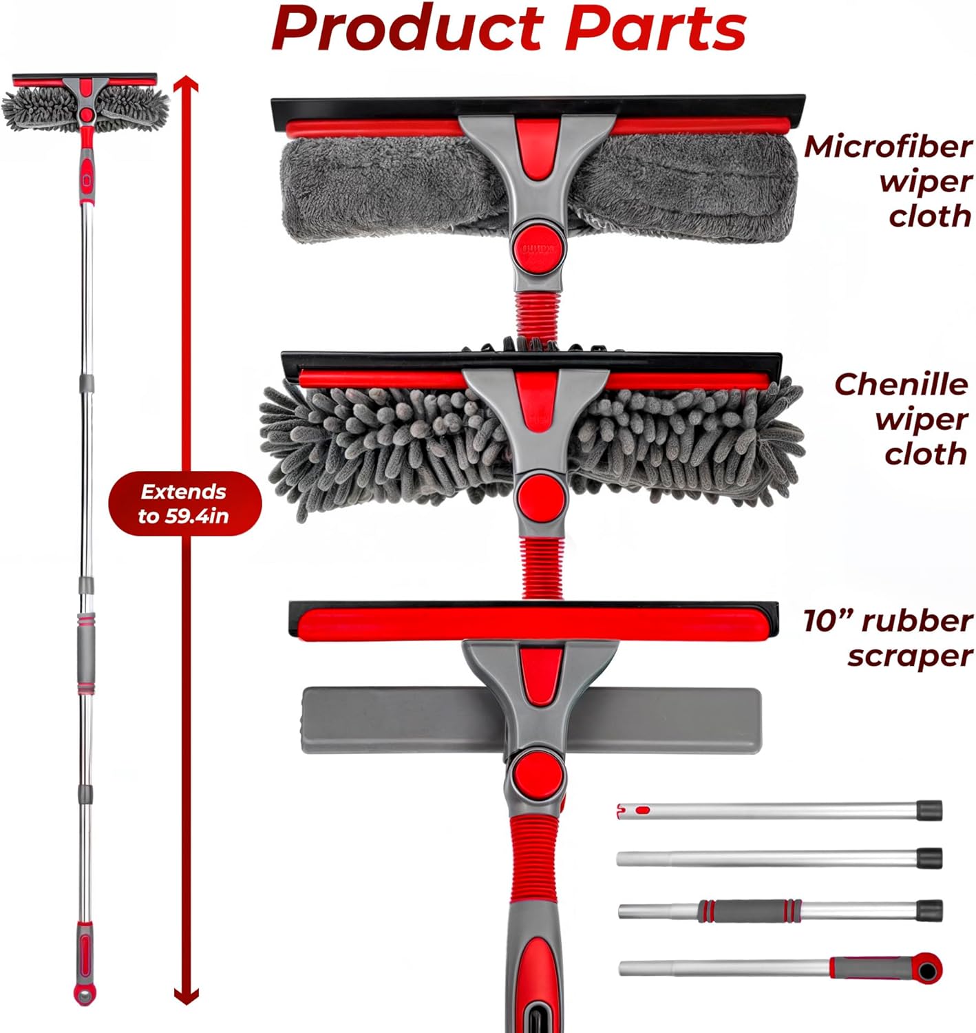 DSV Standard Squeegee Window Cleaner Tool 2-in-1 Window Squeegee for Window Cleaning, 60” Window Cleaning Squeegee Kit with Bendable Head, Window Cleaning Tool With Extension Pole for Home, Car, Glass