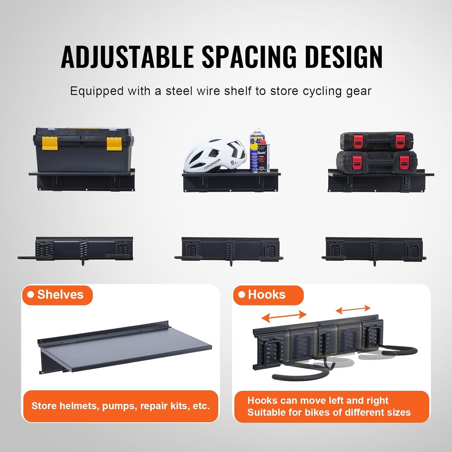 VEVOR Bike Storage Rack, 6 Bike Racks and 3 Helmets Hooks, Wall Mount Bike Storage Hanger with 3 Shelves, Home & Garage Organizer, Customizable for Various Bike Sizes, Holds Up to 300 lbs, 48-inch