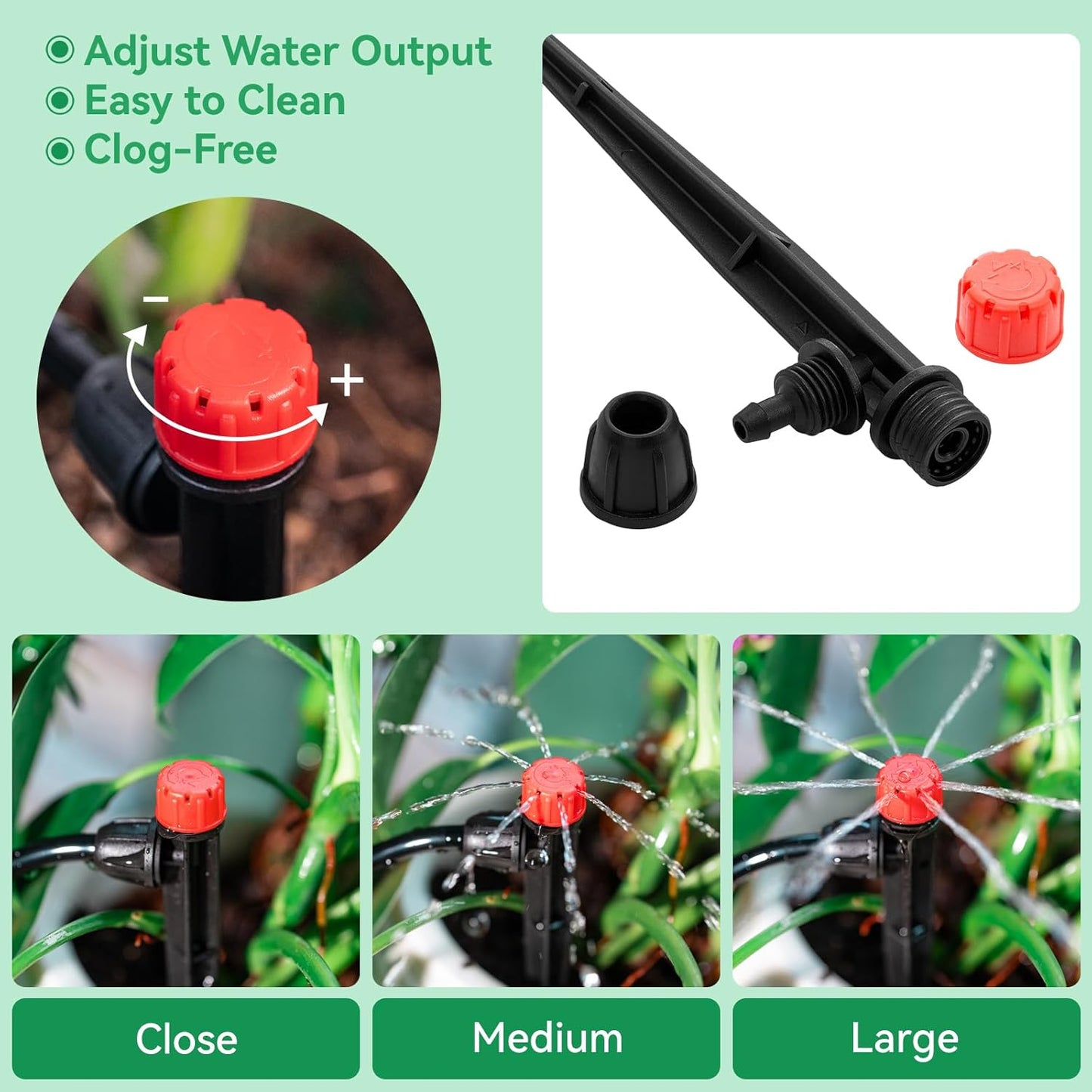 Adjustable Drip Irrigation Emitters with Stakes: 30 Pcs Drip Emitters for 1/4 Inch Drip Irrigation Tubing,360 Degree Irrigation Drippers for Garden Watering