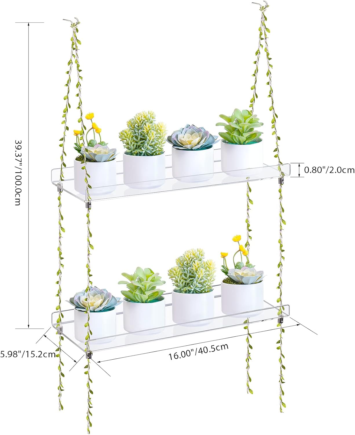 Sumerflos Acrylic Window Boxes Window Plant Shelves 2 Tier - Clear Hanging Shelf Indoor Jute Twine Adjustable Plant Holder for Window Wall Living Room Balcony Natural