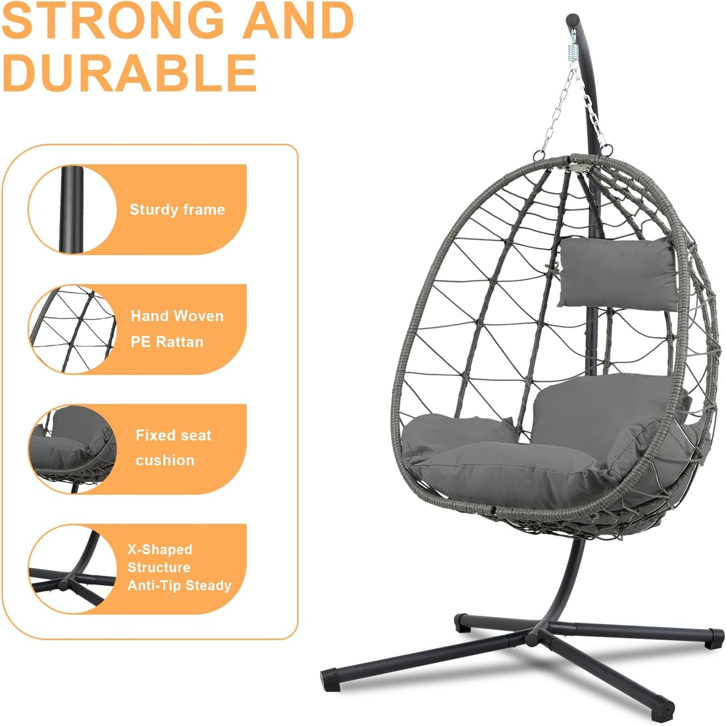 Hanging Egg Chair with Stand Egg Chair Indoor Outdoor, Patio Swing Hammock Egg Chairs, UV Resistant Removable &Washable Thicken Padded Cushions, 350LBS Capacity for Bedroom, Balcony, Garden, Dark Grey
