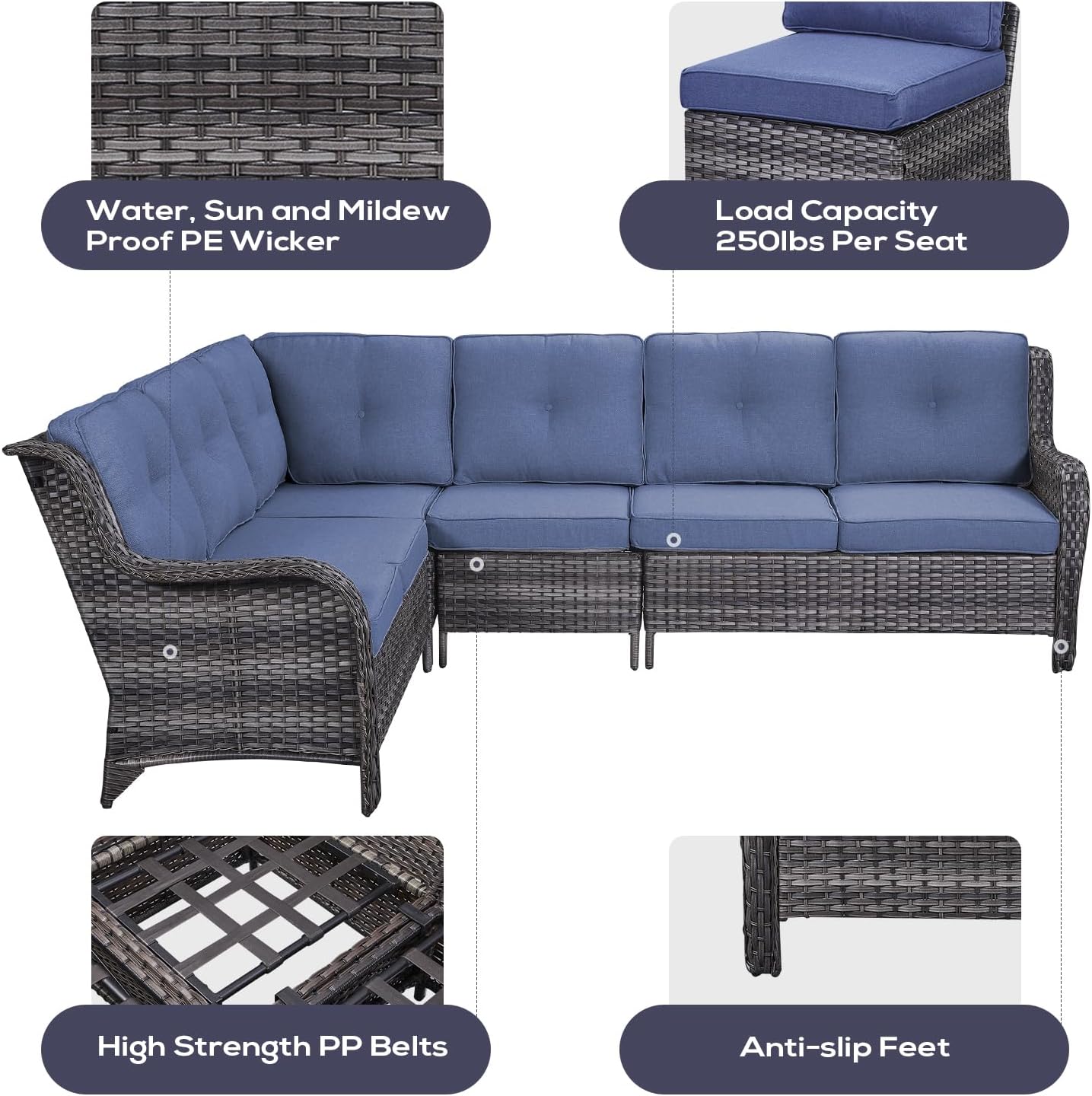 Outdoor Furniture Sectional Sofa L Shaped Couch - Patio Wicker Set with 2 Swivel Glider Chairs, 8 Piece Rattan Patio Conversation Sets with Blue Cushion for Deck Backyard Sunroom