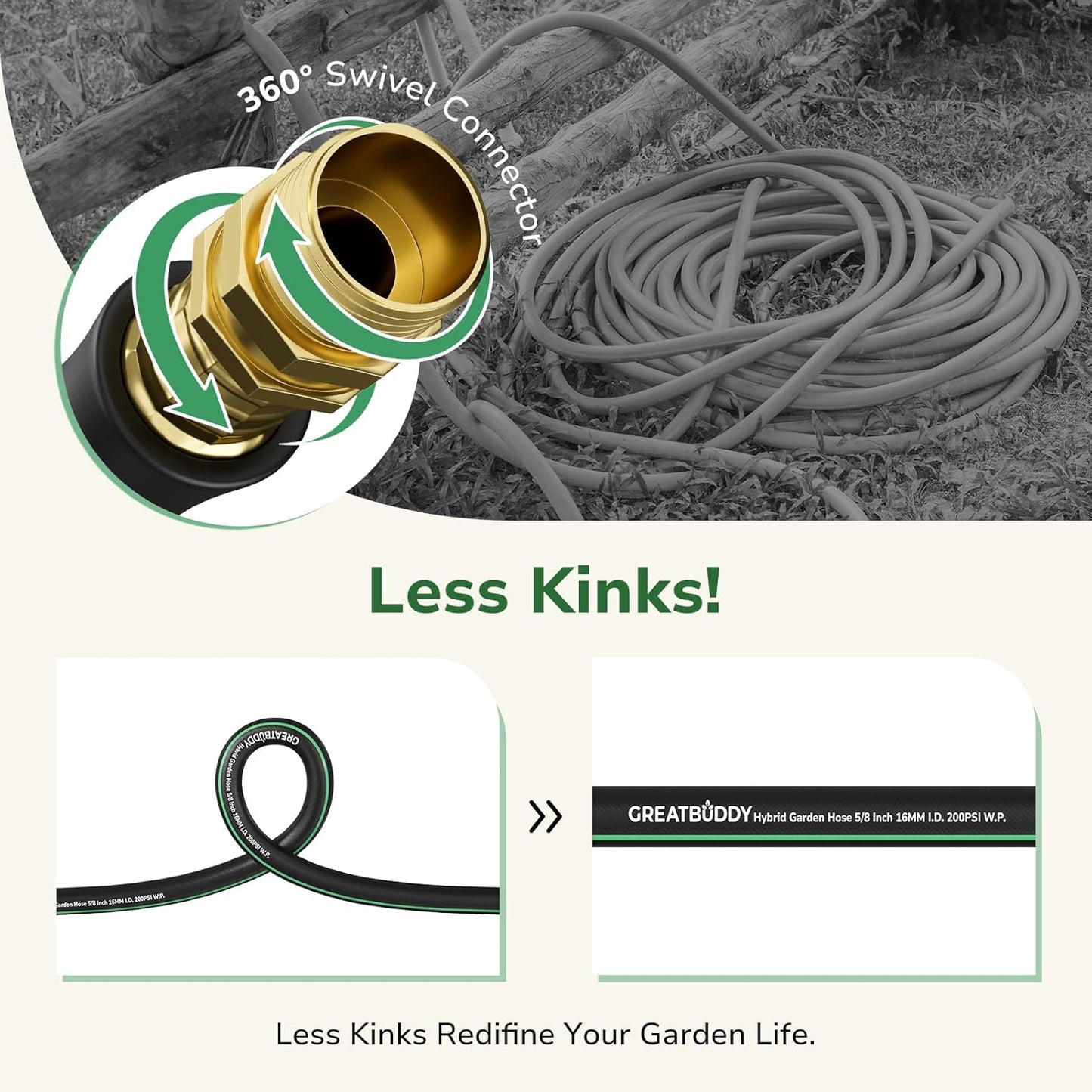 GreatBuddy 75 ft Garden Hose 5/8", Less Kink Heavy Duty Water Hose, Durable & Flexible Hose for Outdoor, Lawn, Car Washing, Pet Bathing and Household