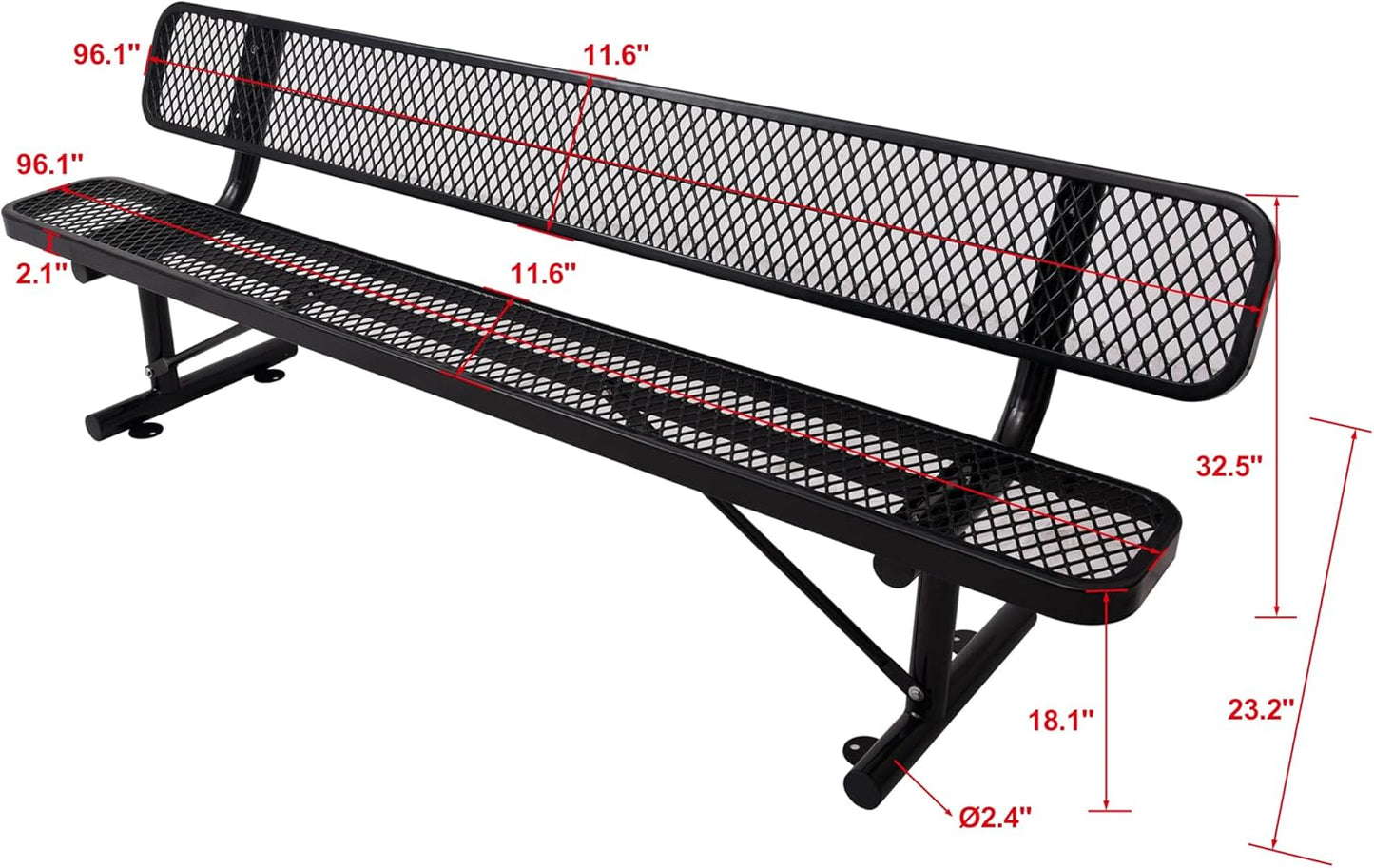 8 FT Heavy Duty Metal Park Bench for Outside, Black Bench with Backrest,4-6 Person Seat, Outdoor Commercial Metal Mesh Benches for Shopping Mall, Lawn, Park, Deck, Garden, Patio, Porch