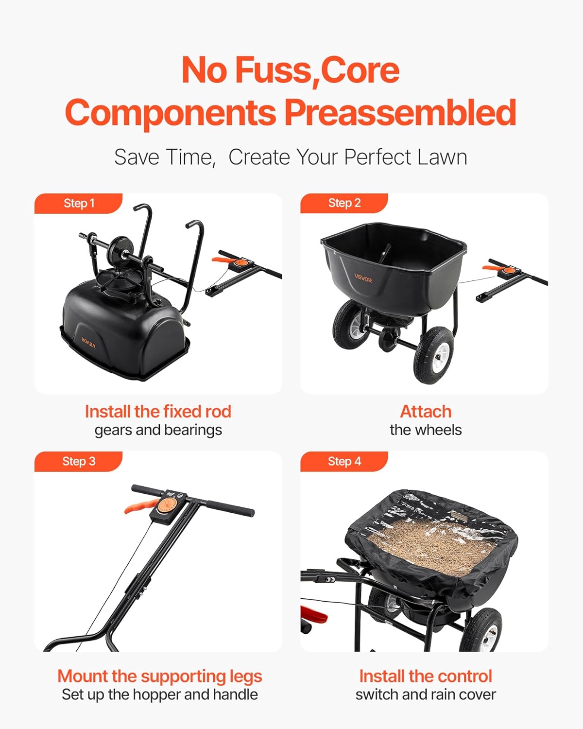 VEVOR Broadcast Spreader, 60LBS Capacity, Walk-Behind Push Spreader, 0-9.8 ft Spreading Width, 10 in All Terrain Pneumatic Tires, Lawn Spreaders with Hopper Grate, for Seed, Fertilizer, Salt, Ice Melt