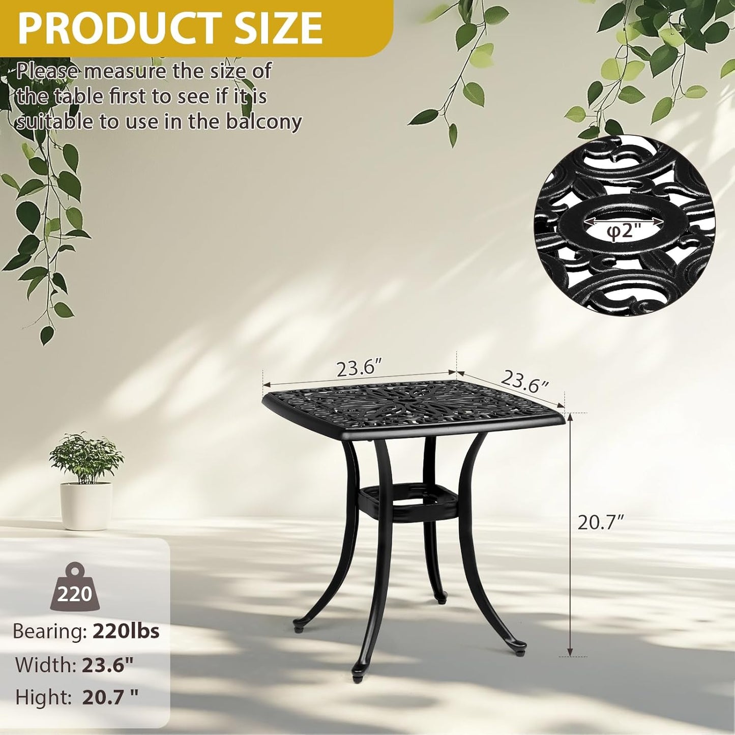 Outvita Patio Side Table, 21.3in Outdoor Square Cast Aluminum Bistro Table with Umbrella Hole and Antique Design for Backyard Porch Pool Balcony Deck Black