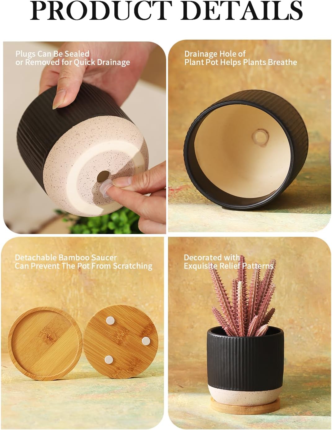 AOMRYOM 4 Inch Small Ceramic Plant Pots with Drainage Hole and Saucer, Modern Flower Planter for Succulent, Indoor Plants, Cactus, Herbs, Black, Set of 4 (Plant Not Included)