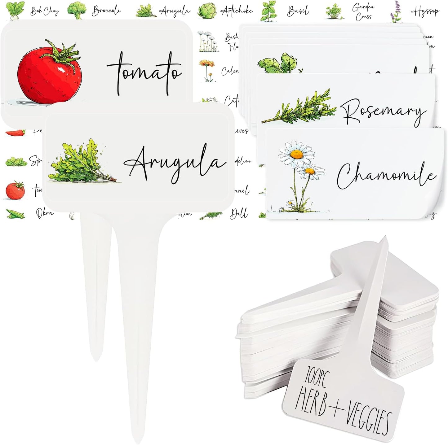 Herb Garden and Vegetable Label Signs - 100 PC Veggie Plastic Markers Stakes Picks Tags with 126 Cute Name Stickers Sign for Indoor Outdoor Potted Planter Planting Seed Nursery Bottle Supplies
