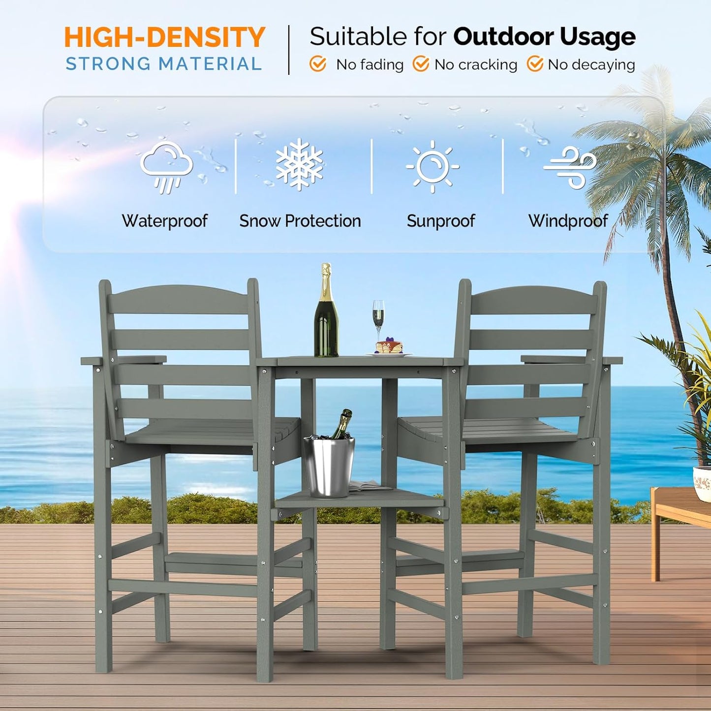 VINGLI Tall Adirondack Chairs Set of 2 with Removable Double Connecting Trays, HDPE Weather Resistance Outdoor Bar Stools Heavy Duty Patio Table and Chars Set Poly Deck Chairs for Pool Balcony (Gray)
