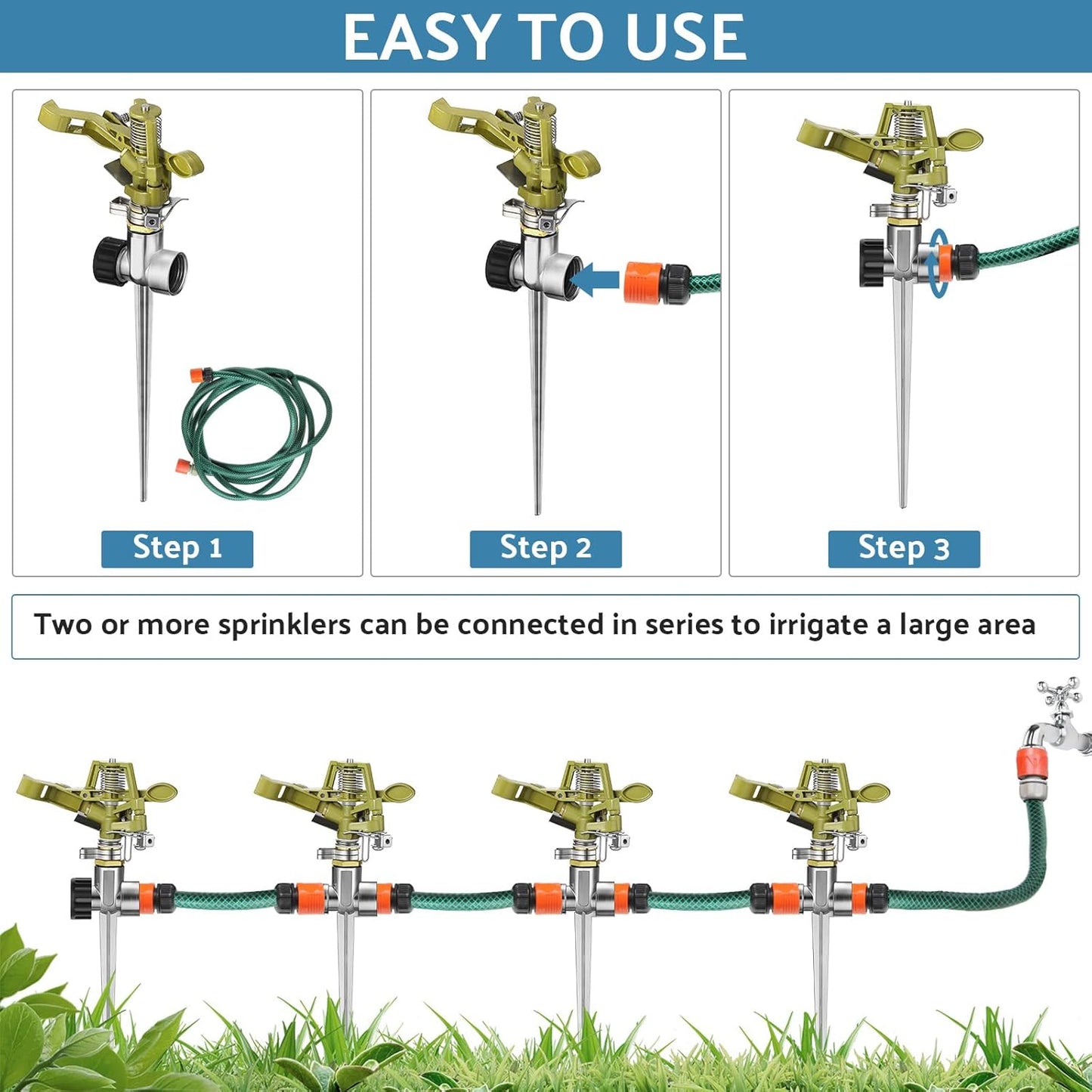 Chengu 4 Set Zinc Alloy Water Sprinklers Heads for Lawns Yard Heavy Duty Adjustable 360 Degree Watering Impact Pulsating Garden Sprinklers Multipack for Large Area Irrigation