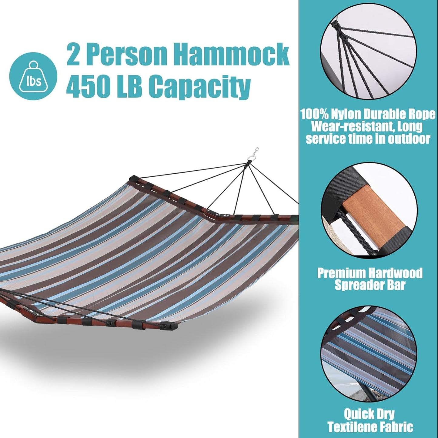 TegerDeger 12FT 2 Person Hammock Large Hammock Quick Dry 450LB Capacity with V Shaped Hardwood Spreader Bar & Nylon Rope for Outside, Patio, Garden, Backyard, Beach, Poolside - Brown Stripes