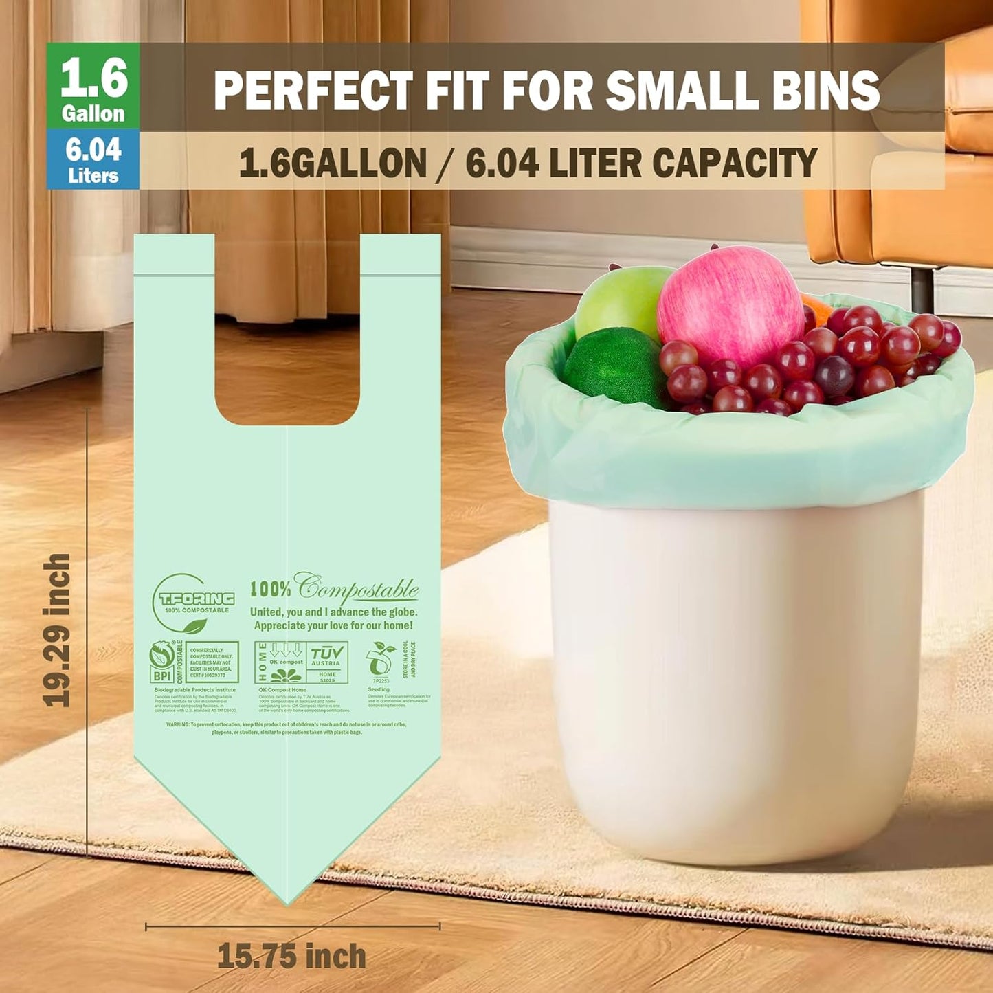 Small Compost Bags with Handle Tie,1.6 Gallon Compostable Food Scrap Bags For Counter Top Compost Bin, 80 Count, 6 Liter, BPI & OK compost INDUSTRIAL Certified