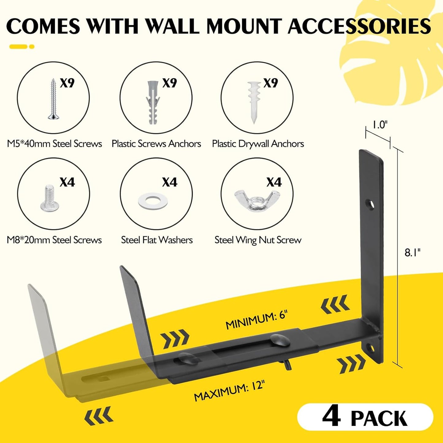 LukLoy Window Box Brackets, 4 Pack Adjustable Heavy Duty Wall Mount Flower Box Holder (6 to 12 in), with 70lbs Capacity, Black