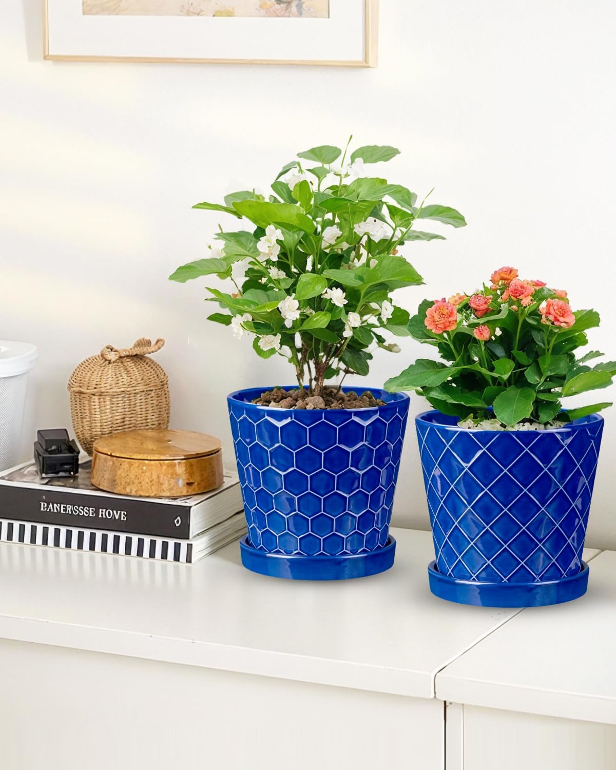 EFISPSS 6 Inch Pots for Indoor Plants,Ceramic Plant Pots,Planters with Drainage Hole and Saucer, Flower Pots Desktop Office Windowsill Decoration Gift Set of 2 - Sapphire Blue