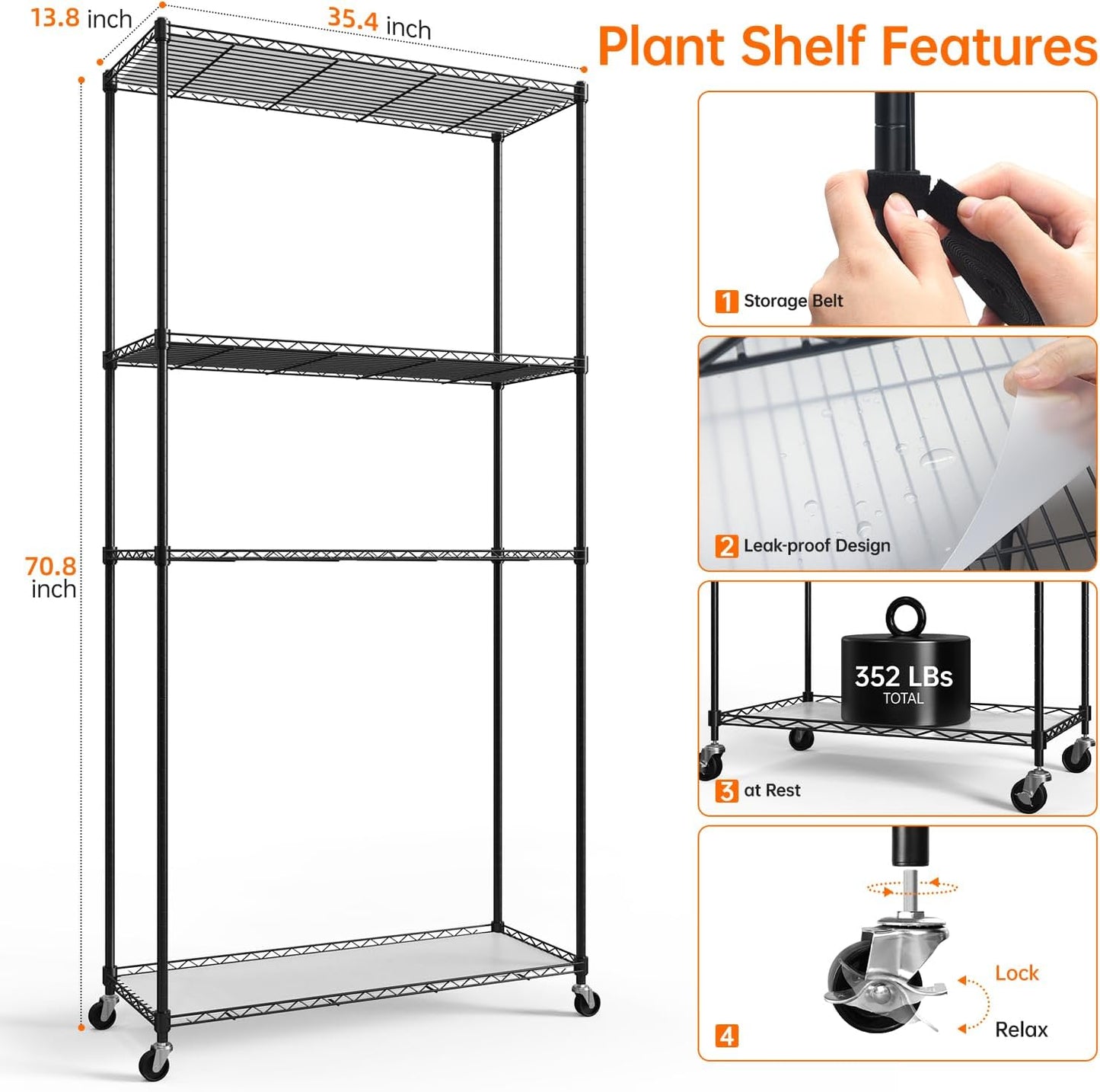 Plant Shelf with Grow Light with Timer, Tall Plant Stand with Adjustable Rack and Wheels, 6 Pack T5 3FT Full Spectrum Grow Lights for Indoor Plants, Seed Starting, Seed Tray, 35.4"x13.8"x70.8"