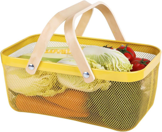 Portable Mesh Harvest Basket - Natural Bamboo Handle Foldable Organizer for Kitchen, Garden & Picnic | Ventilated Storage Bin with Rust-Proof Wire, Space-Saving Farmhouse Decor (Lemon Yellow)