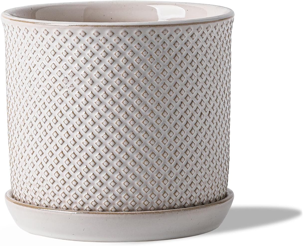 5.8 Inch Plant Pot: Ceramic Planter with Drainage Hole & Saucer for Indoor Outdoor Plants - Flowerpot with Bonded Tray for Home Office - Beaded Embossed Style, Cream White