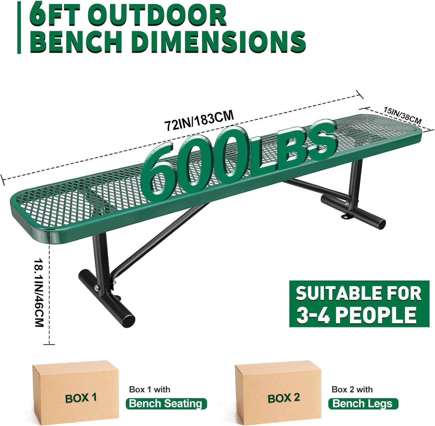 Thermoplastic Coated Iron Park Bench for Outside, Heavy Duty Metal Garden Bench, Expanded Commercial Grade Seating for Shopping Malls, Lawn Yard Porch Entryway (Green without Backrest, 72IN)