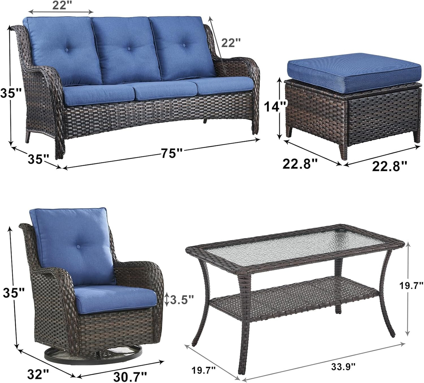 Outdoor Wicker Patio Furniture Set - 6 Piece Rattan Patio Conversation Set with 2 Rocking Swivel Chairs,2 Ottomans,1 Sofa and 1 Coffee Table for Porch Deck Backyard Garden(Brown/Blue)