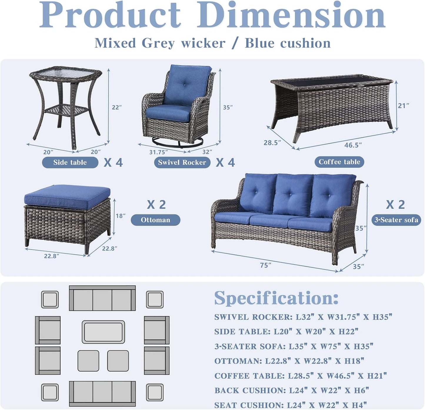 Wicker Patio Furniture Sets - 13 Piece Outdoor Rattan Furniture Conversation Sets with 4 Swivel Rocker Chairs, 2 Rattan Sofas, Wicker Ottomans and Coffee Table, Mixed Grey/Blue