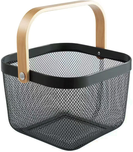 Metal Mesh Steel Basket, Storage Organizer Basket Multi-functional Hanging Kitchen Baskets Fruit Basket Bin with Bamboo Handle for Kitchen Bathroom Picnic Shopping Decor Cabinet Home, Black