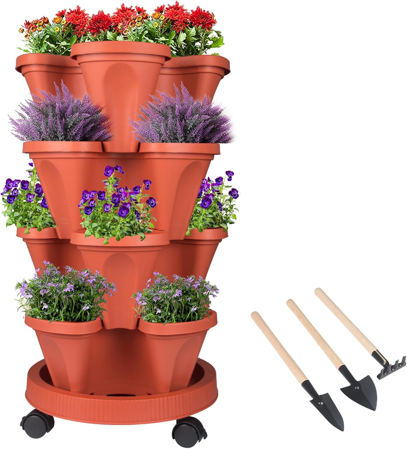 Vertical Planter 4 Tier Stackable Planters Garden Planters Strawberry Herb Flower and Vegetable Planter Indoor Outdoor Gardening Pots with Removable Wheels and Tools