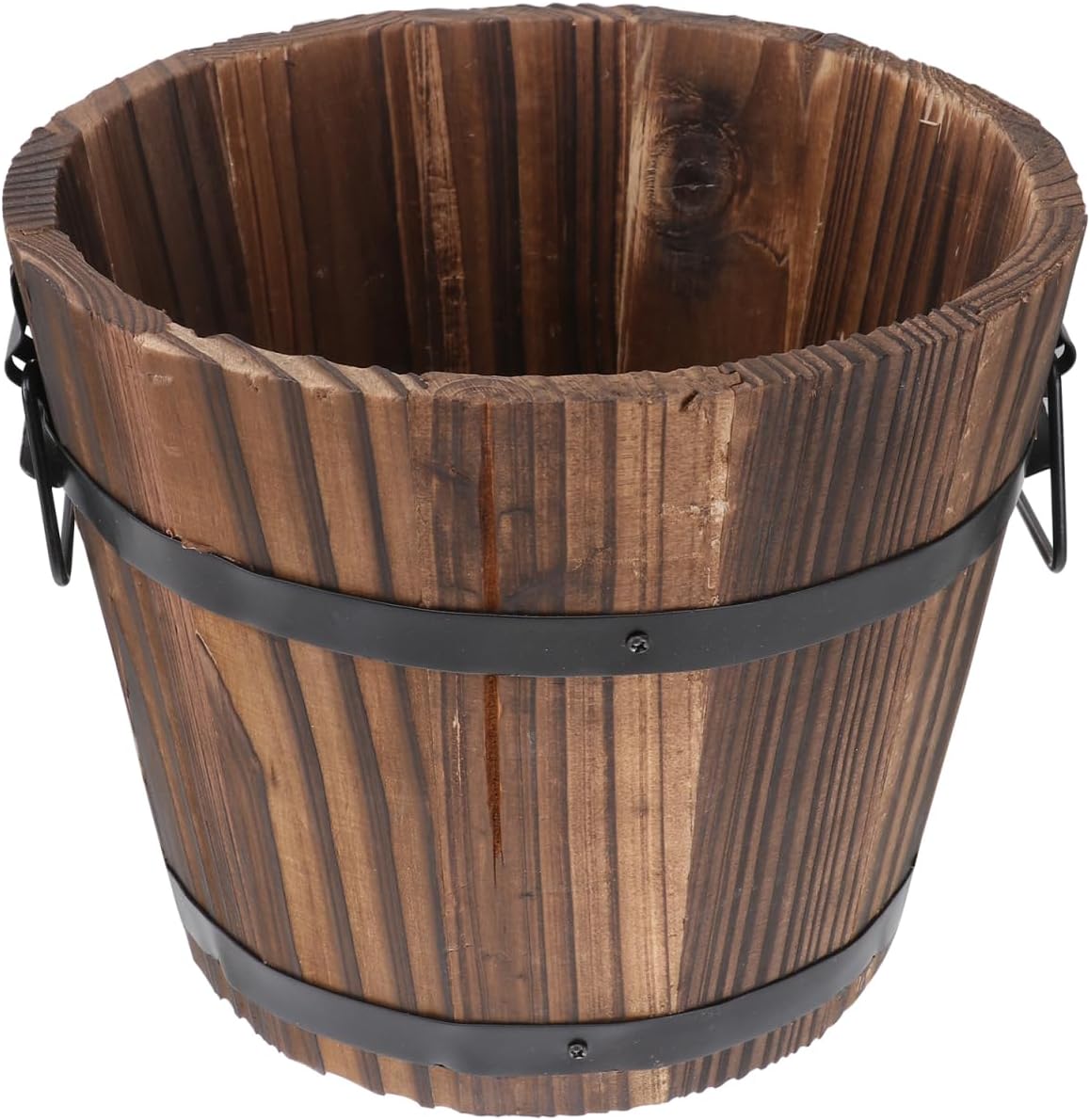 Wooden Barrel Flower Pot - Rustic Planter for Indoor & Outdoor Use with Drainage Holes - 7 Inch Brown Planter for Decorative Plants & Vegetables