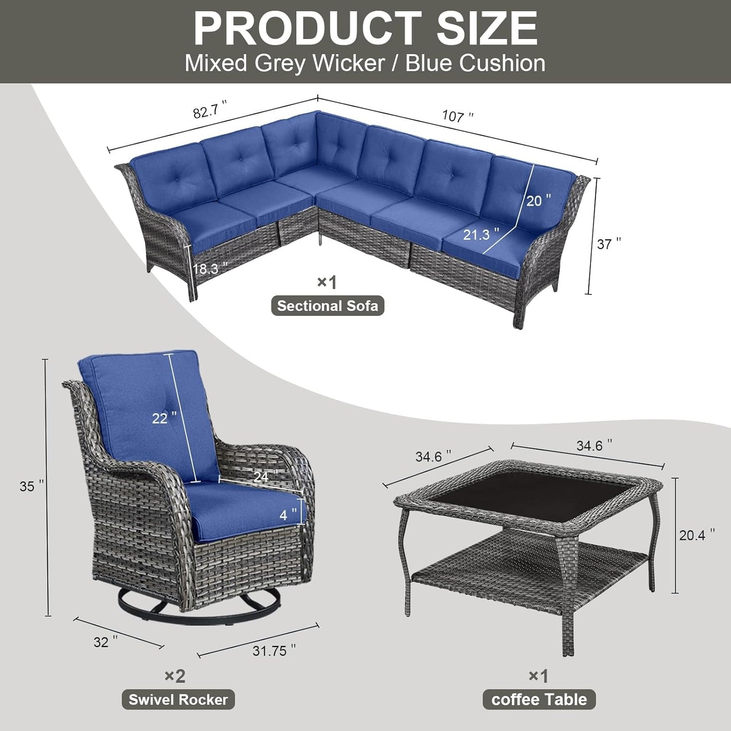 Outdoor Furniture Sectional Sofa L Shaped Couch - Patio Wicker Set with 2 Swivel Glider Chairs, 5 Piece Rattan Patio Conversation Sets with Blue Cushion for Deck Backyard Sunroom