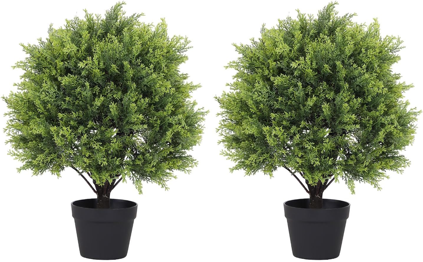 THE BLOOM TIMES 2ft Artificial Topiary Ball Trees Outdoor Set of 2, 24" Tall Faux Cedar Plants Outside UV Resistant Greenery Fake Evergreen Potted Bushes and Shrubs for Front Porch Patio Planter Decor