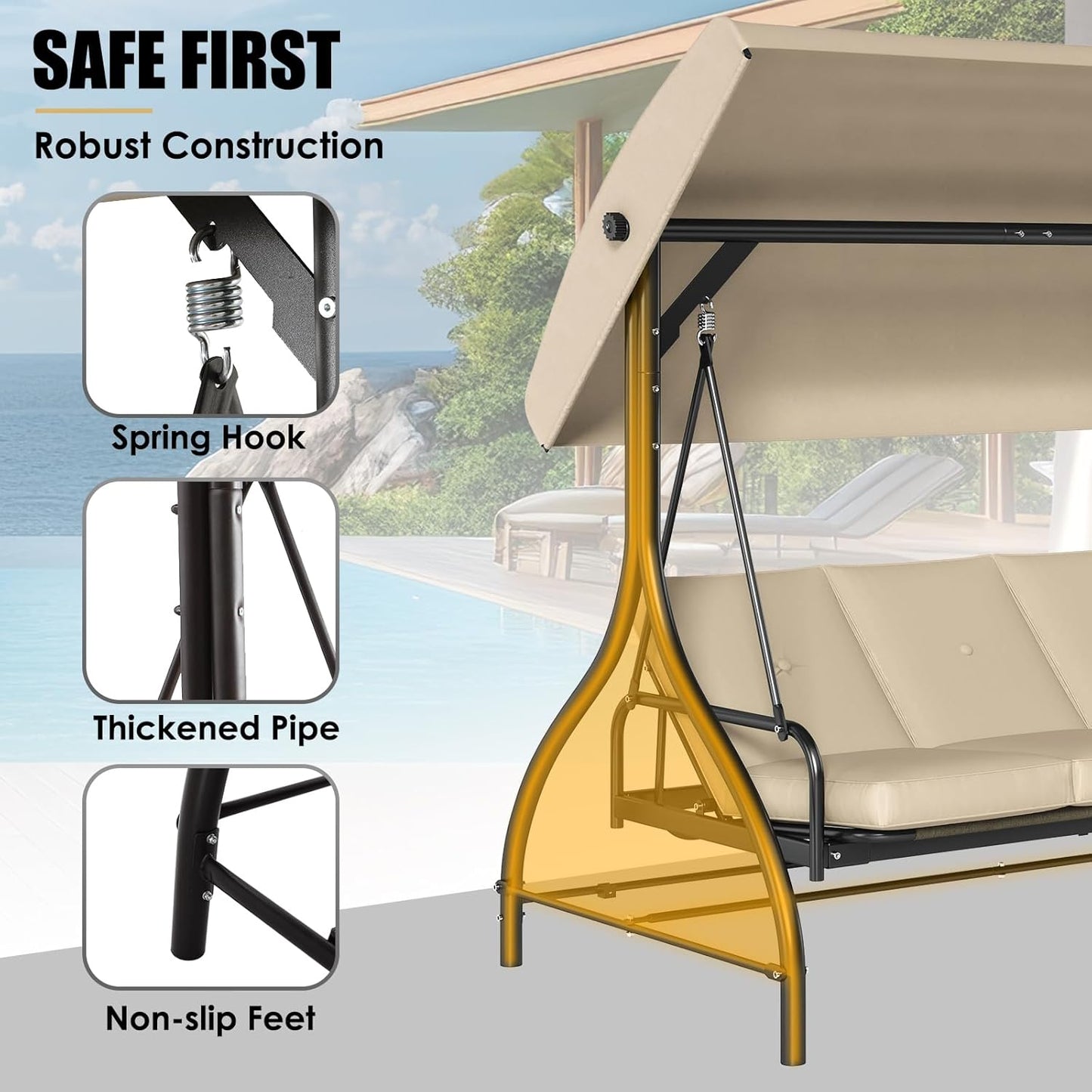 MAMIZO 3-Seat Patio Swing with Adjustable Canopy & Backrest, Outdoor Porch Swing Chair for Adults, Outside Porch Converting Bed Thickened Removable Cushions, 2mm Steel Pipe, for Garden, 750LBS (Beige)