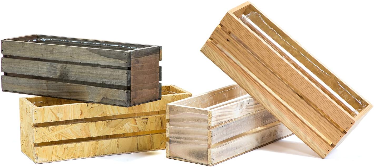 Wood Planter Box with Wine Crate Styled, 12x4 Inch Rectangular, Rose Wood, Plastic Liner, Garden Centerpiece Display, Wedding Flowers Holder, Home and Venue Decor (12x4 Wine Crate Set of 4, Rose Wood)