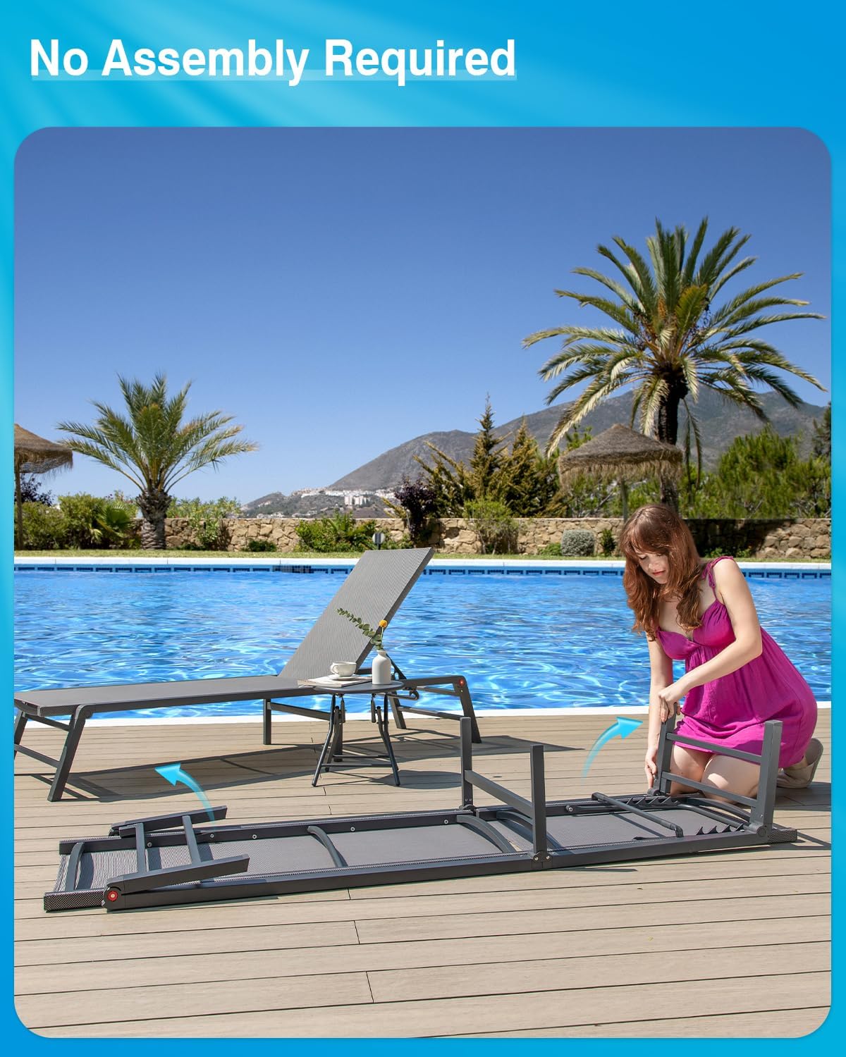 Aluminum Chaise Lounge Chair Outdoor, Foldable Patio Lounge Chair 2 Sets with Table Assemble-Free, Pool Lounge Chairs with 5 Adjustable Backrest, Outdoor Lounge Chairs for Outside Poolside Brown