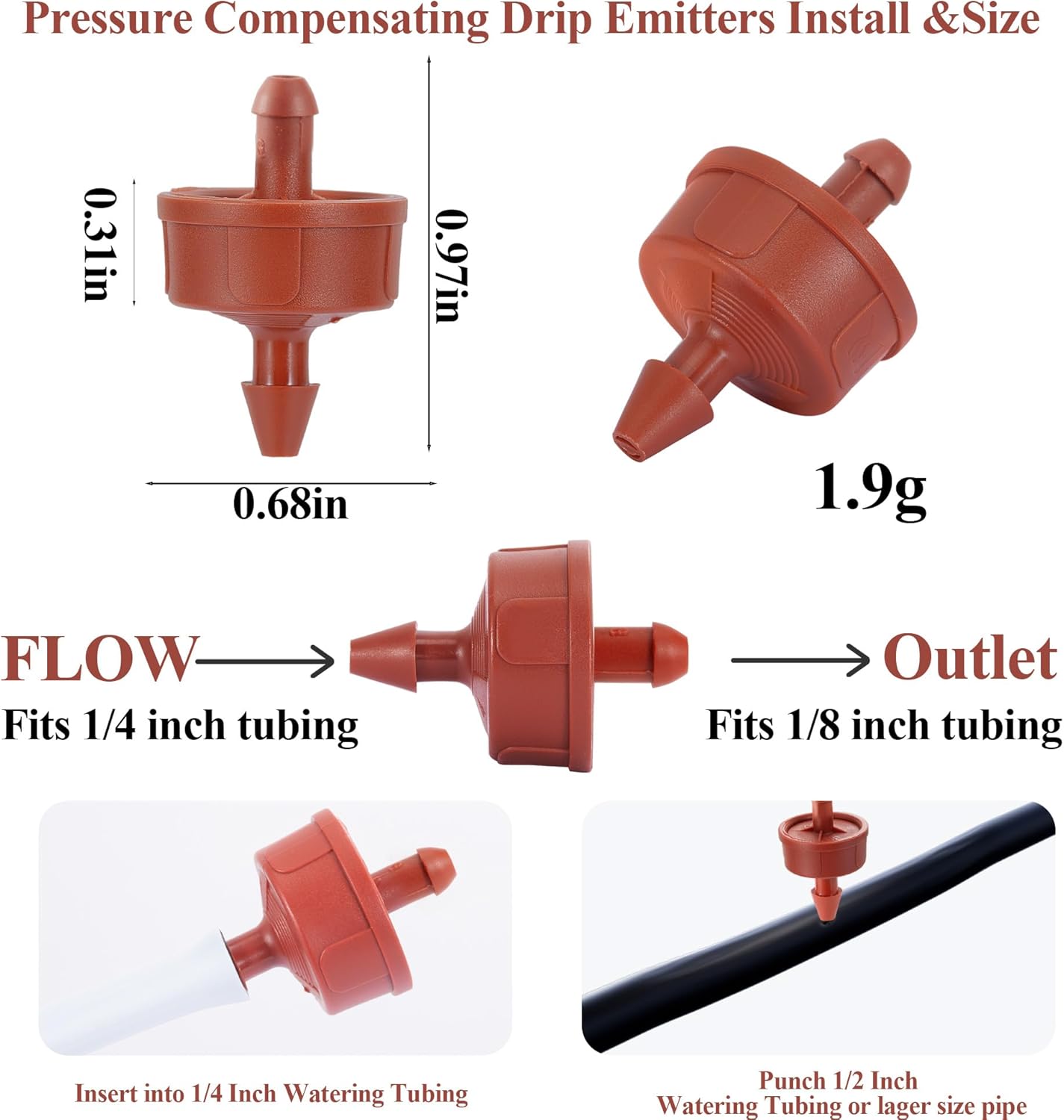 60Pcs 2 GPH Pressure Compensating Irrigation Spot Drippers,Constant Flow Barb Outlet Watering Dripper Emitters Heads Parts for 1/4 Inch Watering Tubing Line for Garden Pots Plants Irrigation Systems