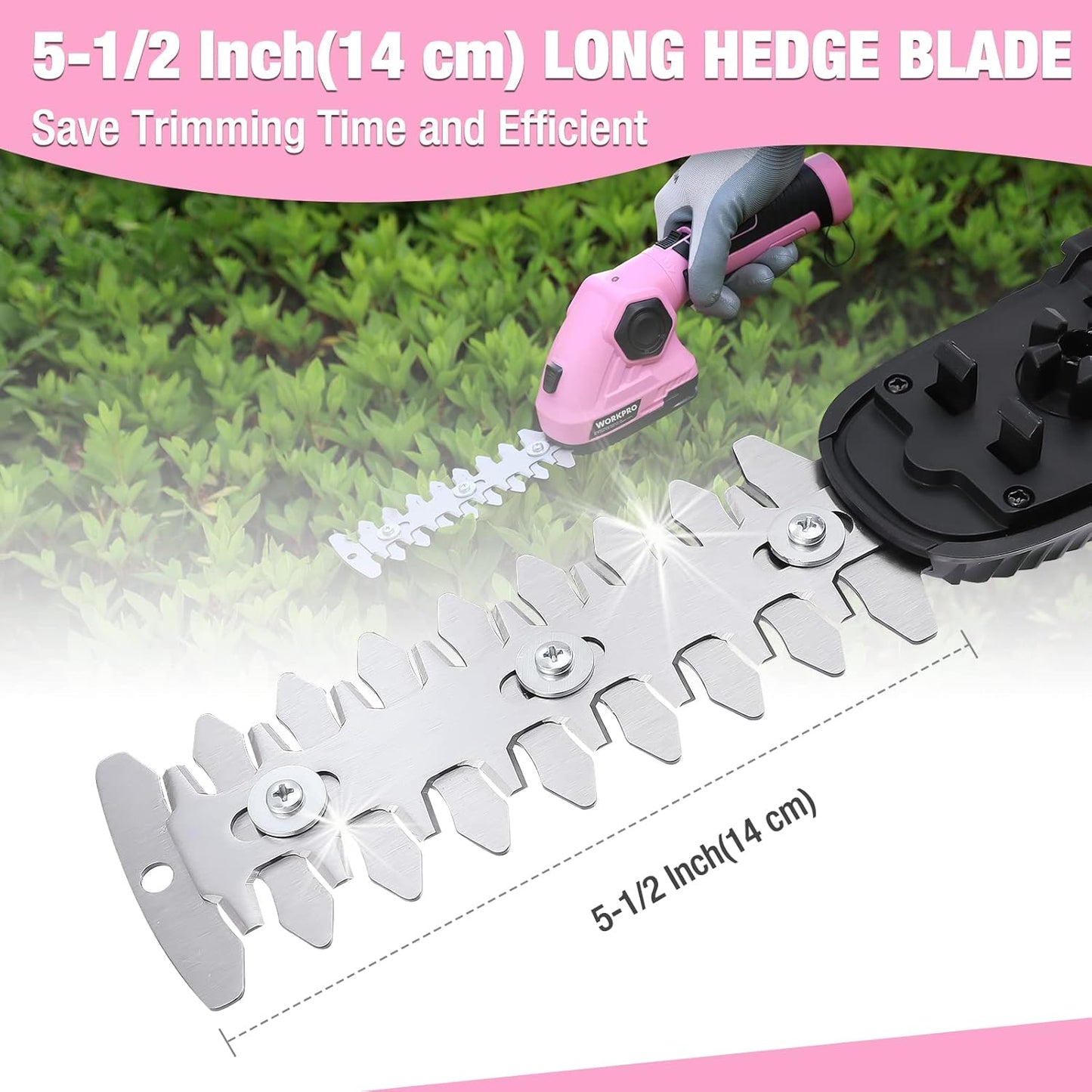 WORKPRO Pink Cordless Grass Shear & Shrubbery Trimmer - 2 in 1 Handheld Hedge Trimmer 7.2V Electric Grass Trimmer Hedge Shears/Grass Cutter 2.0Ah Rechargeable Lithium-Ion Battery - Pink Ribbon