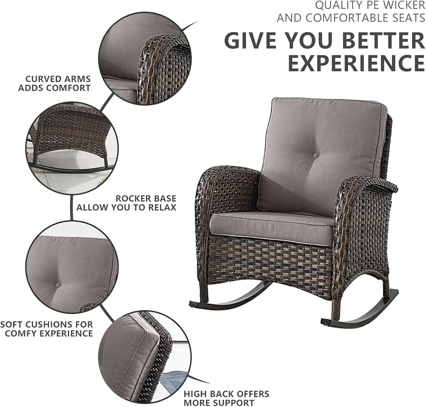 HUMMUH 5-Piece Outdoor Patio Furniture PE Wicker Patio Conversation Set,All-Weather Outdoor Rocking Chairs with Patio Couch Tables for Backyard,Poolside,Deck