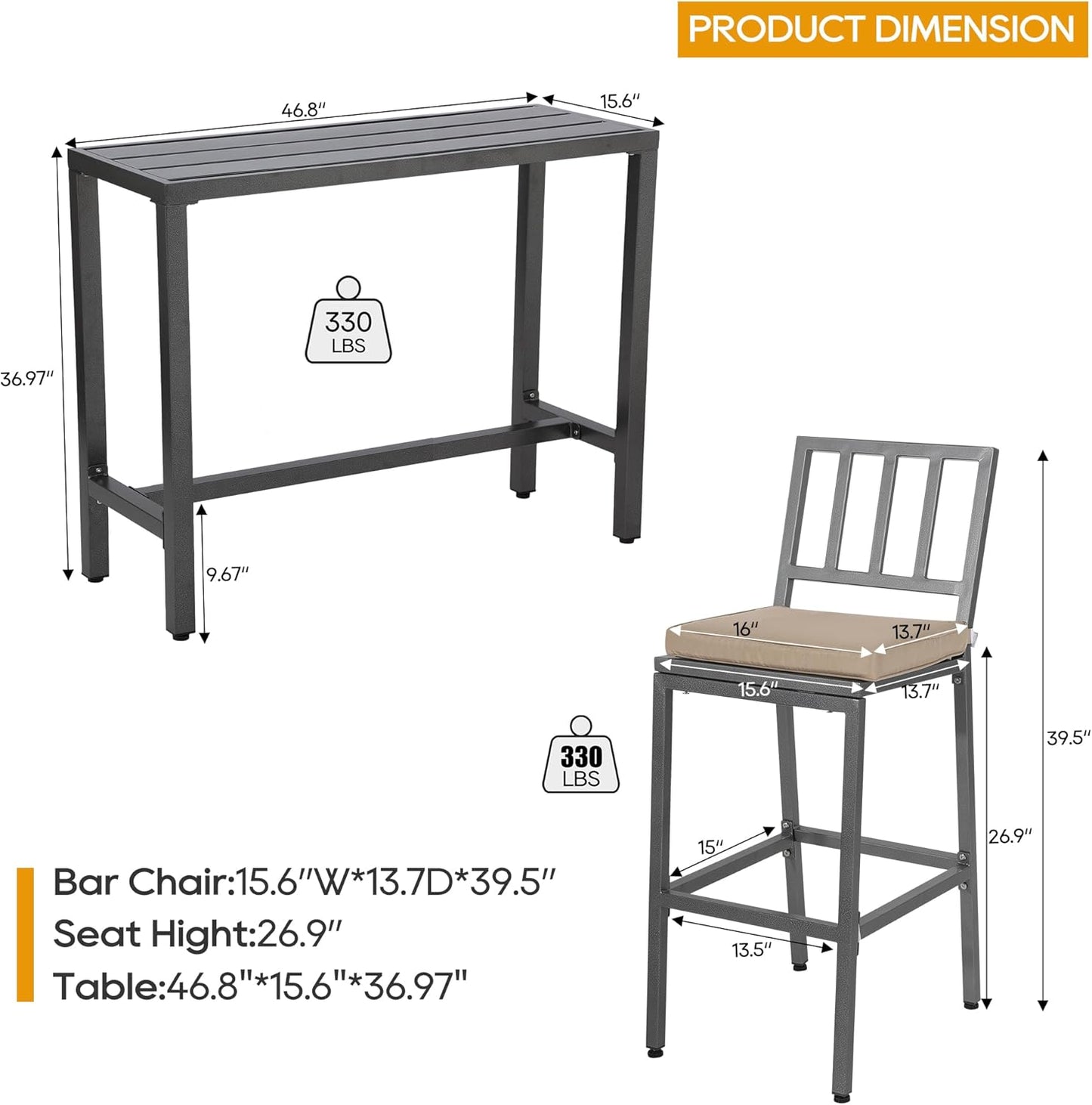 Outdoor Patio Bar Set, Bar Height Patio Dining Set, Weather-Resistant Bistro Counter Pub Set with Cushions & Slatted Tabletop for Backyard (Gray, 47" Table, 2 "I Style Stool)