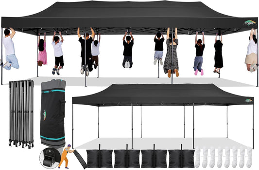 COBIZI 10x30 Pop Up Canopy Without Sidewall,Heavy Duty Canopy UPF 50+ All Season Wind Waterproof Commercial Outdoor Wedding Party Tents for Parties Gazebo with Roller Bag(10 x 30 ft Black)