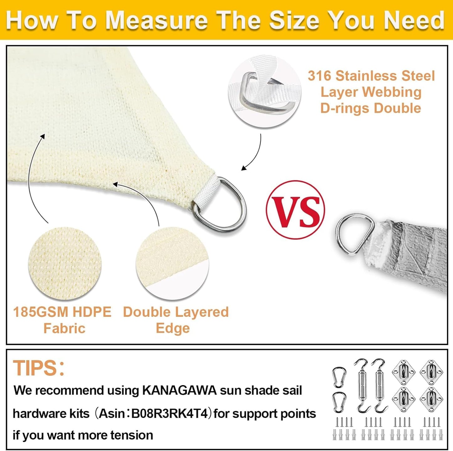 KANAGAWA Sun Shade Sail Curved 16'X16' Cream Rectangle Outdoor Shade Cover UV Blovk Canopy for Patio Garden Backyard Heavy Duty Permeable 185GSM (We Make Custom Size)