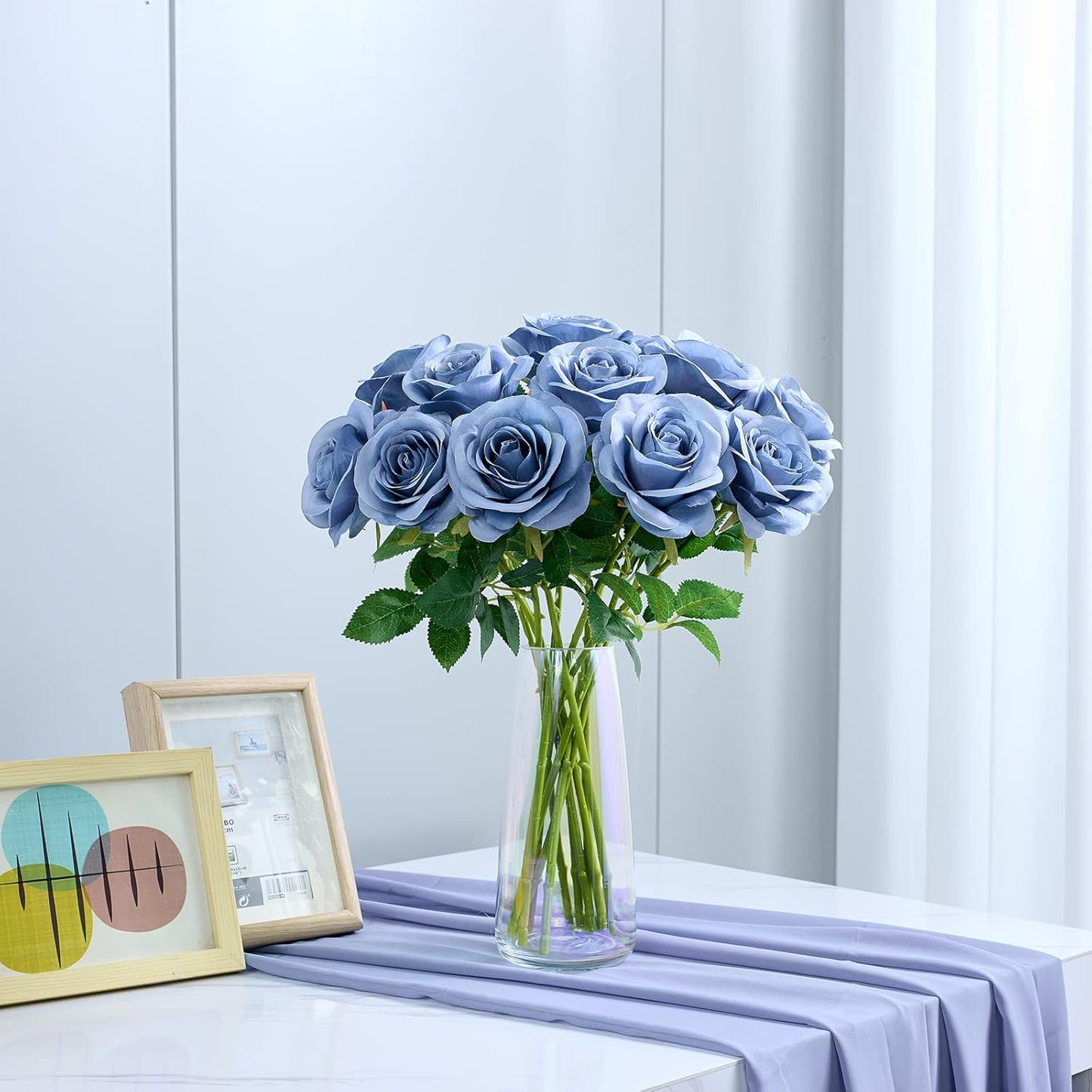 12pcs Rose Artificial Flowers Fake Roses Dusty Blue Silk Roses Blue Silk Flowers Rose with Long Stems for Wedding Home Party Centerpieces Decorations