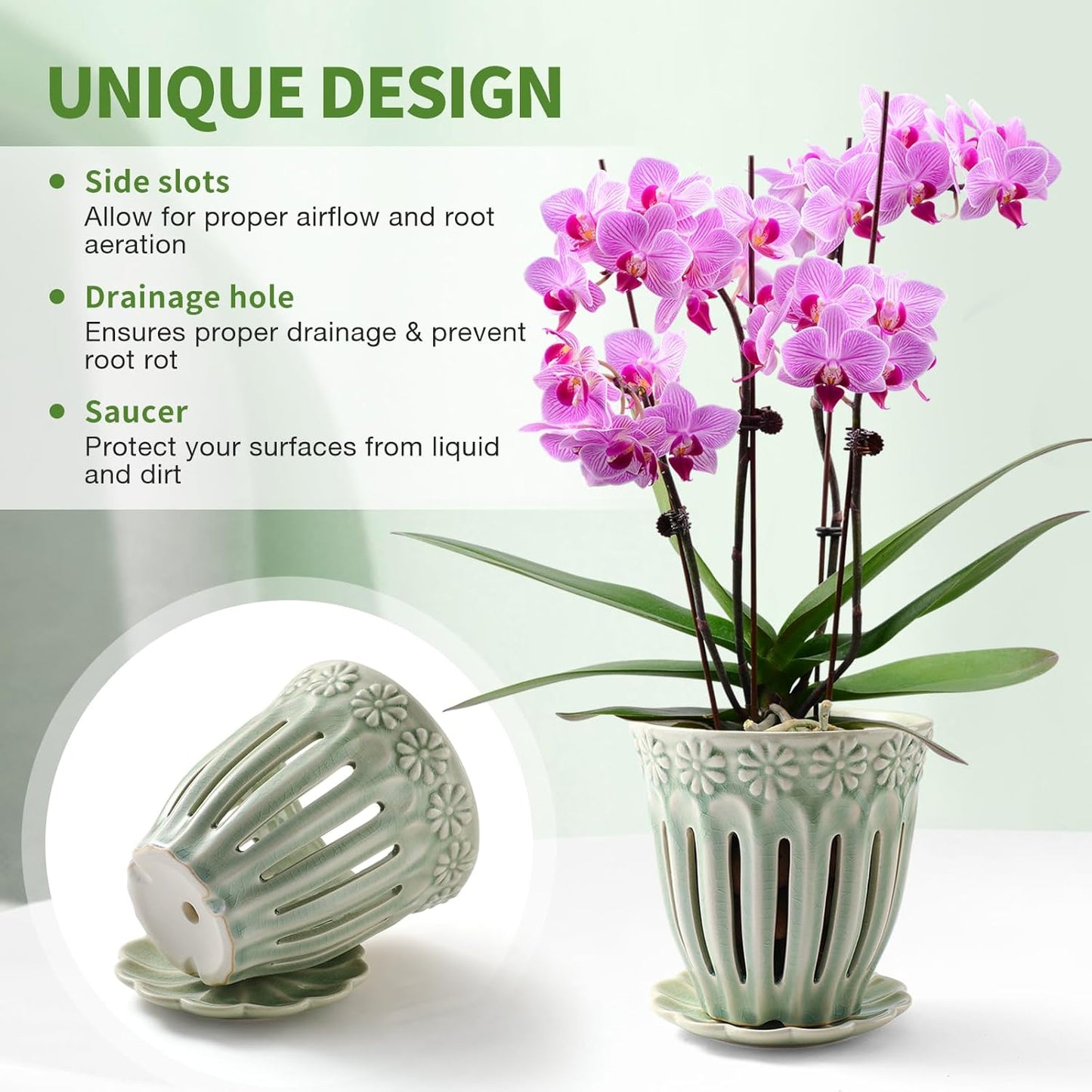 5" Ceramic Orchid Pots with Holes | Crackle Glazed Orchid Pot with Drainage and Separate Saucer | Ideal Plant Pot for Repotting Orchids and Other Flowers(Green)