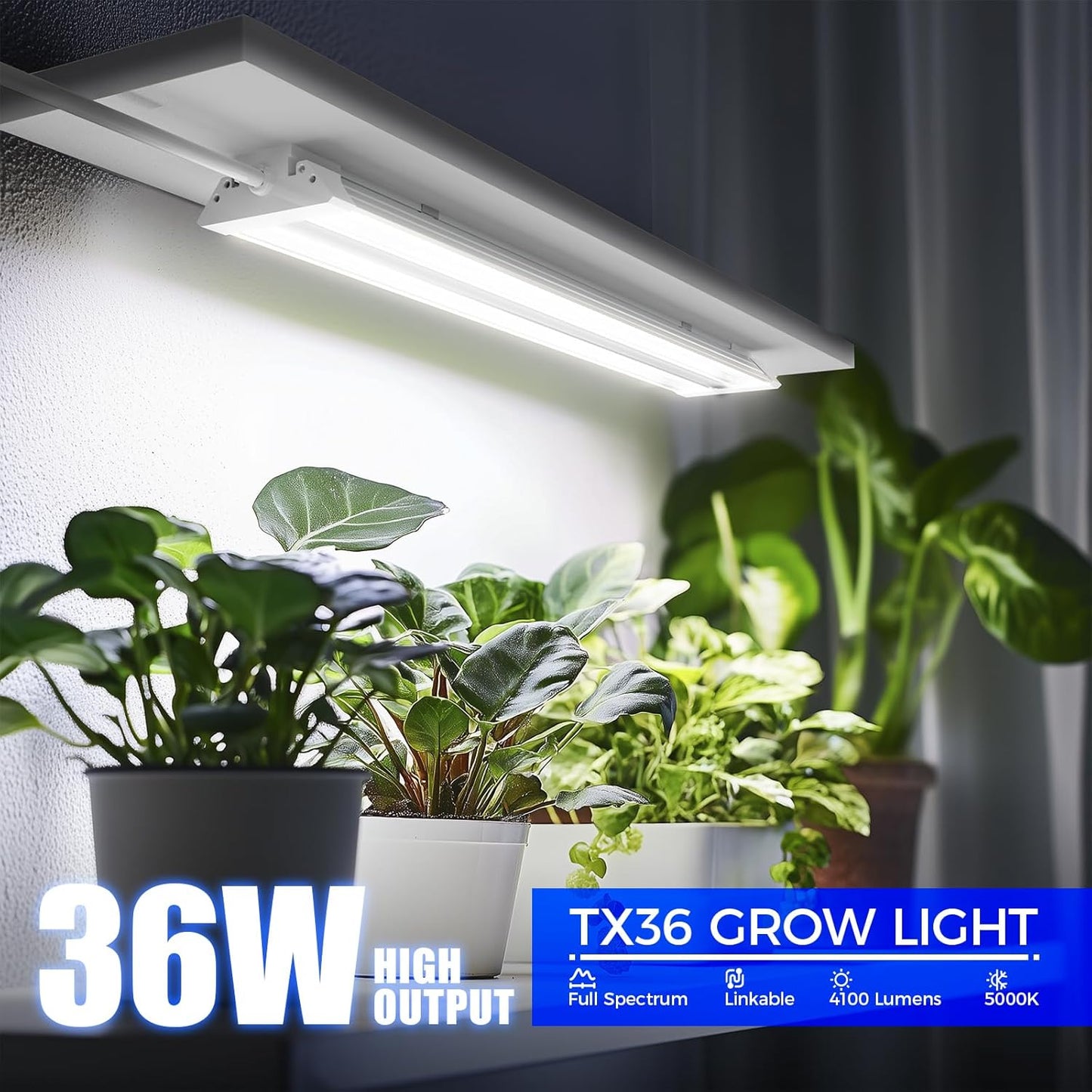 Barrina TX36 2FT Grow Light for Indoor Plants, 144W(4 x 36W, 800W Equivalent), High PPFD, 5000K Full Spectrum, Mechanical Timer, Hanging Grow Lights for Seedings, with On/Off Switch, Linkable, 4 Packs