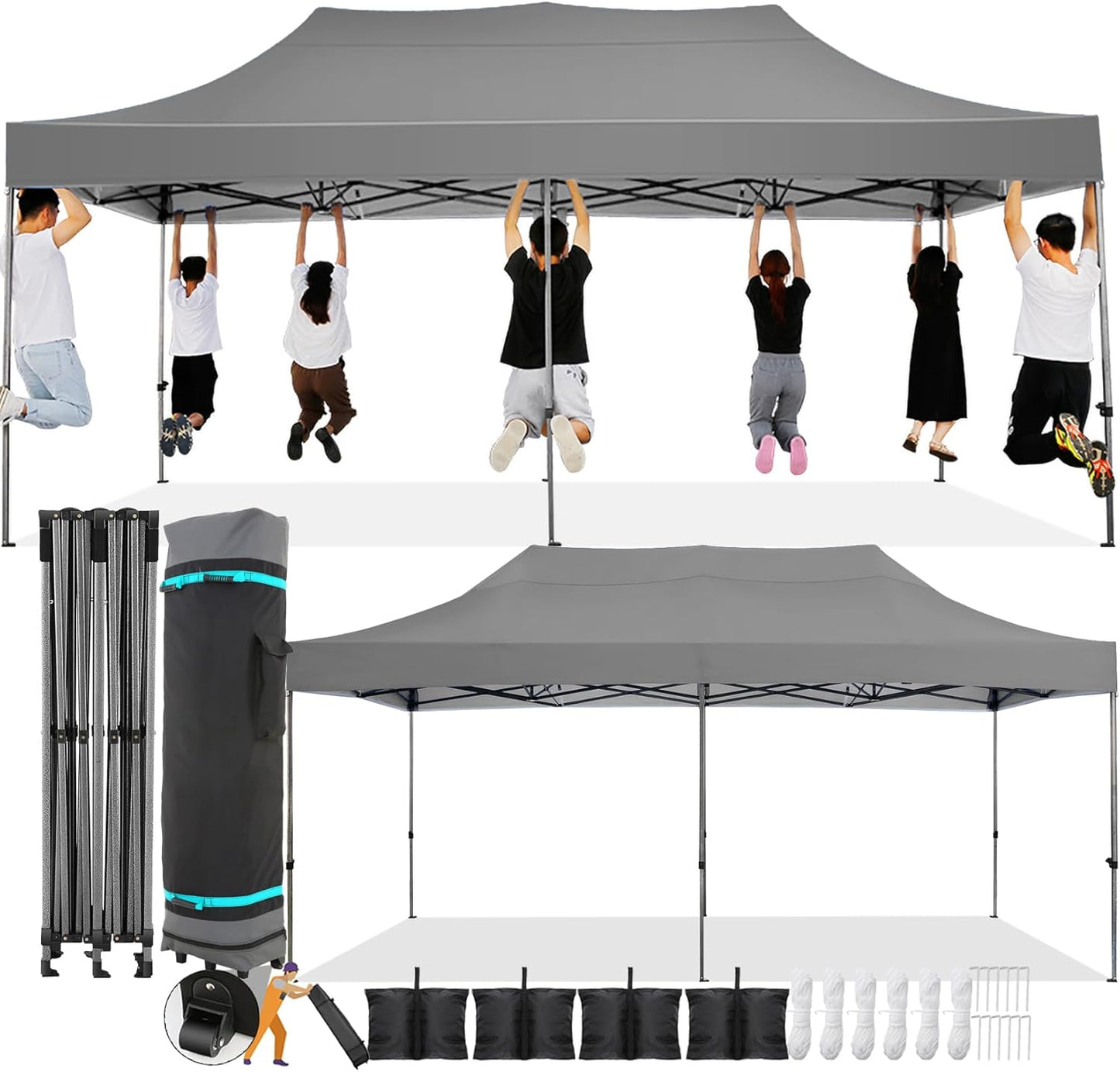COBIZI 10x20 Pop Up Canopy Without Sidewall,Heavy Duty Canopy UPF 50+ All Season Wind Waterproof Commercial Outdoor Wedding Party Tents for Parties Gazebo with Roller Bag(10 x 20 ft Gray)