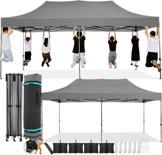 COBIZI 10x20 Pop Up Canopy Without Sidewall,Heavy Duty Canopy UPF 50+ All Season Wind Waterproof Commercial Outdoor Wedding Party Tents for Parties Gazebo with Roller Bag(10 x 20 ft Gray)